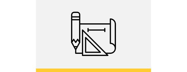 Pencil outlined icon on the left, protractor outlined icon on the right and center beneath them is a paper scroll outlined icon with bar drawing on it; all placed on top of a light grey rectangle with an HD Supply yellow bottom border
